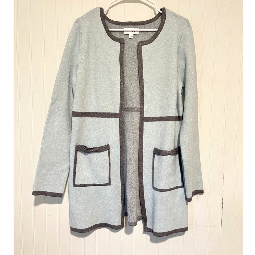 Elle Cardigan Sweater Womens S Blue Metallic Open Front Knit Pocket office wear